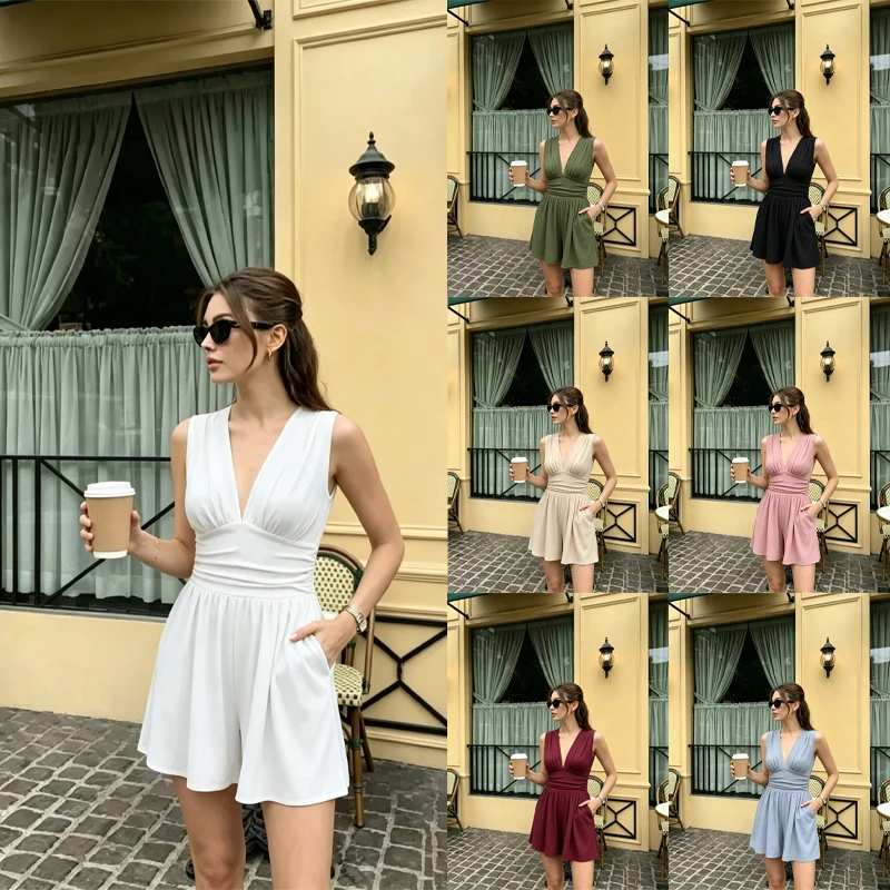 Y2K French Style Women Deep V Sleeveless Playsuit Elastic High Waist Pocket Short Jumpsuit Summer Beach Casual Solid Romper
Y2K French Style Women Deep V Sleeveless Playsuit Elastic High Waist Pocket Short Jumpsuit Summer Beach Casual Solid Romper