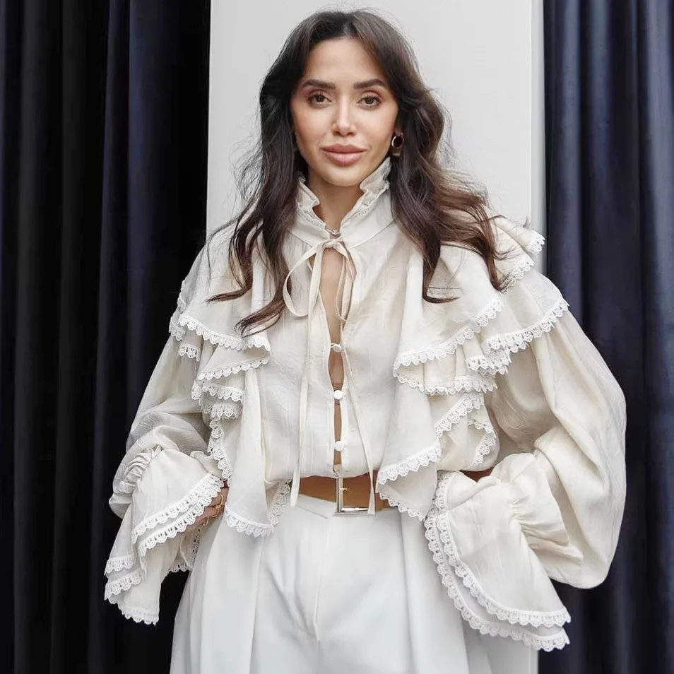 Casual Lace Patchwork Shirt Women Loose Full Sleeve Lace Up Ruffle Button Shirts Female 2026 Fashion Summer Outwear Lady
Casual Lace Patchwork Shirt Women Loose Full Sleeve Lace Up Ruffle Button Shirts Female 2026 Fashion Summer Outwear Lady