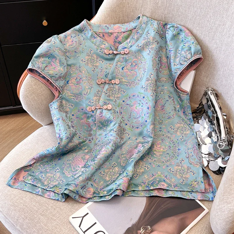 Chinese Style Women's Blouses Printed Vintage Shirts Fashion Loose Summer Clothes V-neck Short Sleeved Satin Women Tops
Chinese Style Women's Blouses Printed Vintage Shirts Fashion Loose Summer Clothes V-neck Short Sleeved Satin Women Tops