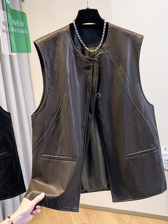 Ele round Ne PU Leather Vest Women's Commute Faion Layering Outerwear Autumn Season Versatile Top Dr Qing a Po
Ele round Ne PU Leather Vest Women's Commute Faion Layering Outerwear Autumn Season Versatile Top Dr Qing a Po