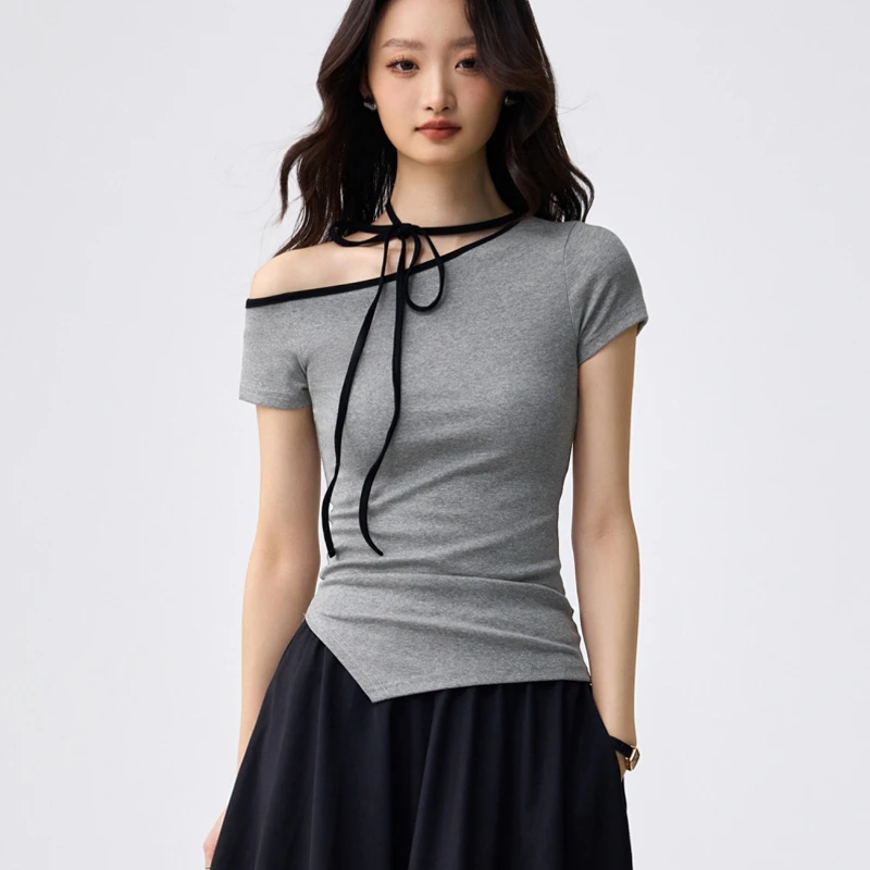 2026 Summer Combed Pure Cotton Design Sense off Shoulder Hanging Neck Tie Short Sleeved T-shirt for Women
2026 Summer Combed Pure Cotton Design Sense off Shoulder Hanging Neck Tie Short Sleeved T-shirt for Women
