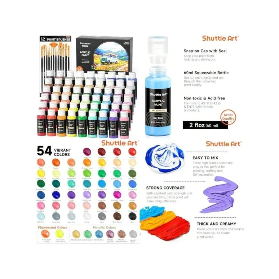 54 Colors Acrylic Paint, Shuttle Art Acrylic Paint Set With 12 Paint Brushes, 2oz/60ml Bottles, Rich Pigmented, Water Proof, Pr
54 Colors Acrylic Paint, Shuttle Art Acrylic Paint Set With 12 Paint Brushes, 2oz/60ml Bottles, Rich Pigmented, Water Proof, Pr