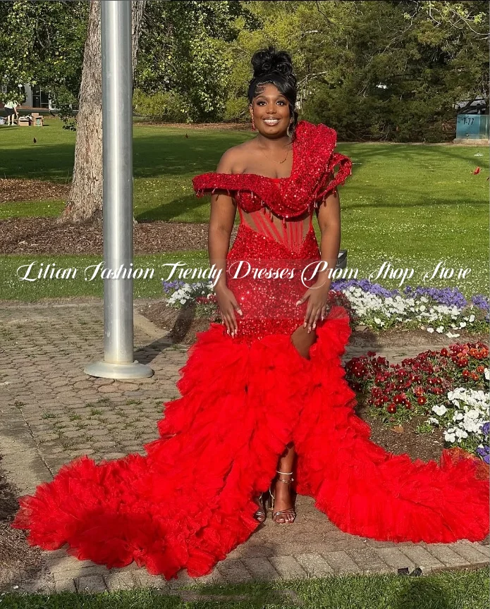 Red Card Shoulder Lace Mermaid Prom Dress Luxury Sheer Fishbone Corset Sexy Split Hem African Girl Birthday Party Customized
Red Card Shoulder Lace Mermaid Prom Dress Luxury Sheer Fishbone Corset Sexy Split Hem African Girl Birthday Party Customized