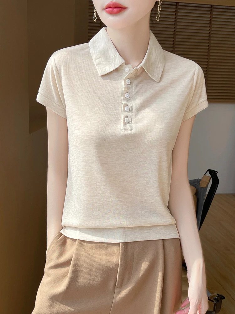 2025 New Spring Summer Fine Spun Thin T-Shirt POLO-Neck Solid Color Tops Women' s Clothes Fashion Casual Style Short Sleeve Tops
2025 New Spring Summer Fine Spun Thin T-Shirt POLO-Neck Solid Color Tops Women' s Clothes Fashion Casual Style Short Sleeve Tops