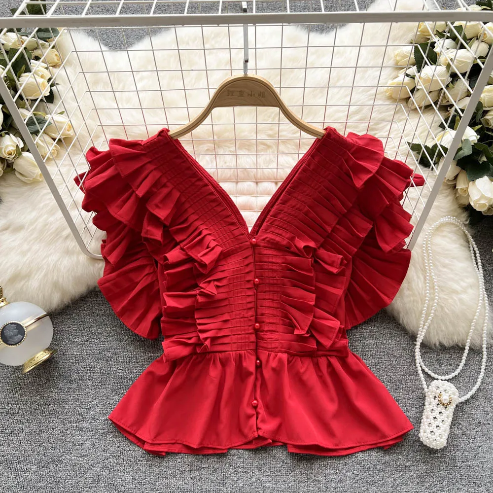 2022 Summer Women New Slim V-neck Shirt Red Pleated Ruffled Sleeveless Top Mujer Fashion Clothes Camisa Blouse E089
2022 Summer Women New Slim V-neck Shirt Red Pleated Ruffled Sleeveless Top Mujer Fashion Clothes Camisa Blouse E089