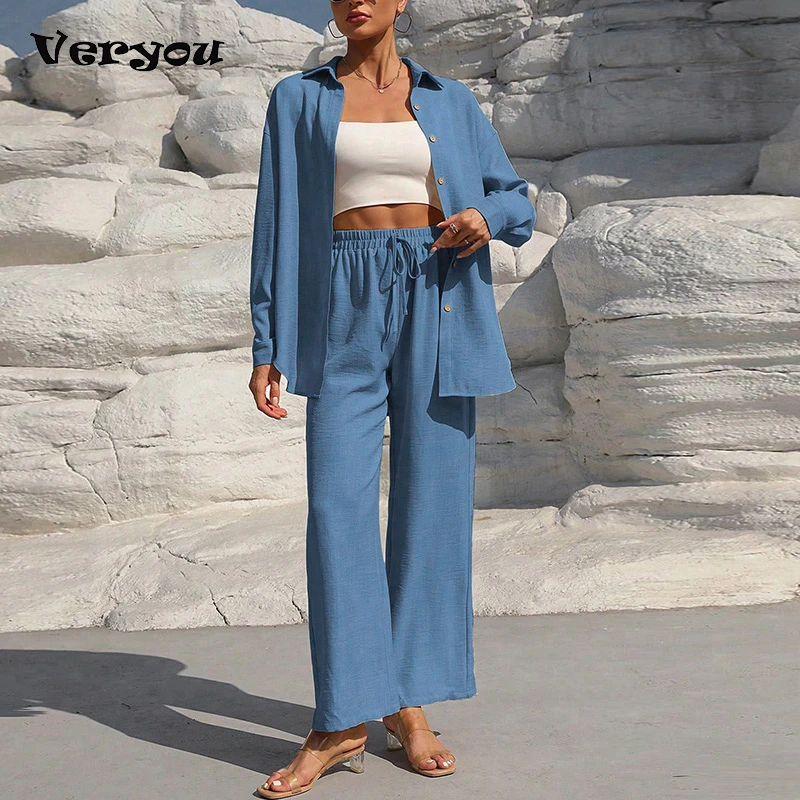 Spring Autumn Long Sleeve Button Shirt Wide Leg Pants Suit Loungewear Women Casual Two Piece Set 2024
Spring Autumn Long Sleeve Button Shirt Wide Leg Pants Suit Loungewear Women Casual Two Piece Set 2024
