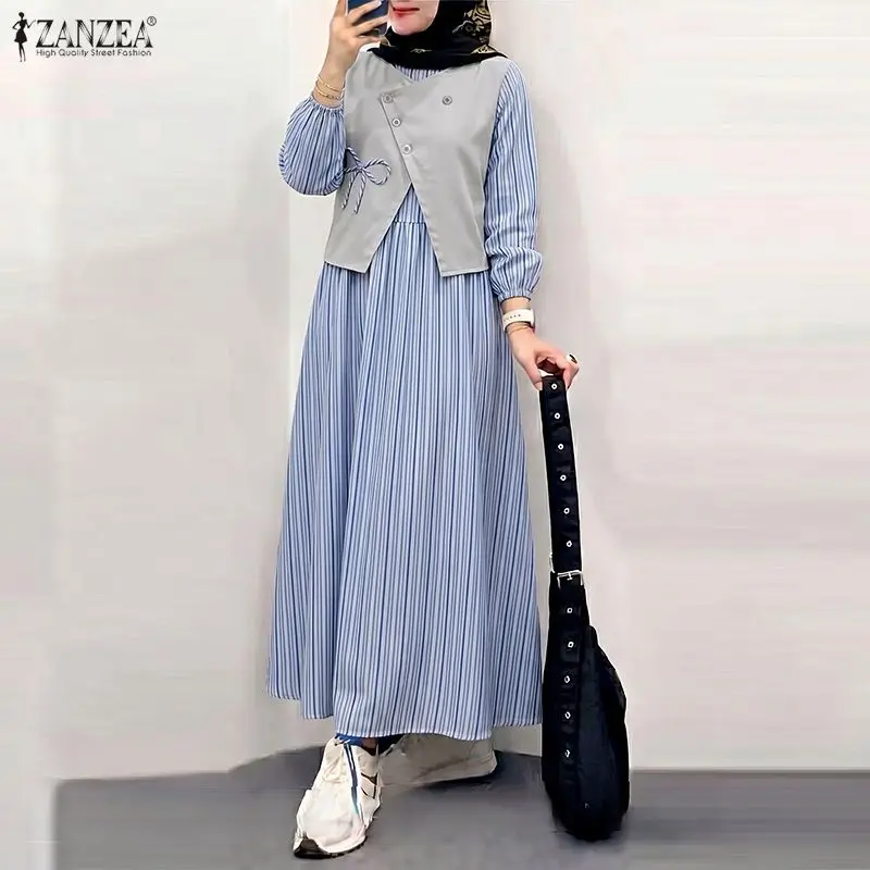 ZANZEA Muslim Modest Women's Maxi Dress O-Neck Long Sleeve Striped Contrast-Color Layered Abaya Robes Islamic Hijabis Clothing
ZANZEA Muslim Modest Women's Maxi Dress O-Neck Long Sleeve Striped Contrast-Color Layered Abaya Robes Islamic Hijabis Clothing