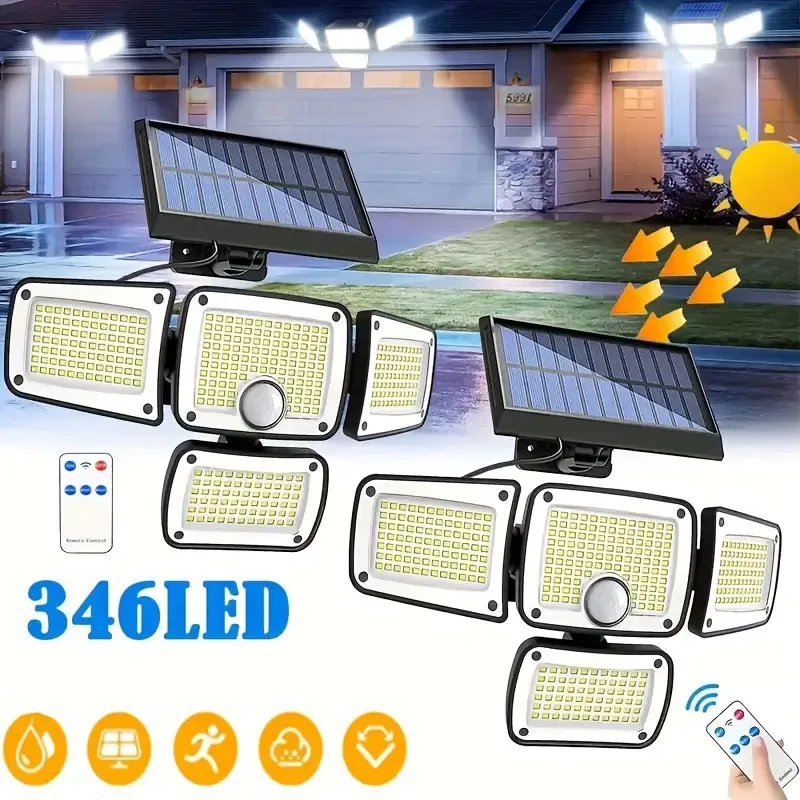 Solar Lights Outdoor 346/342LED 4 Heads with Motion Sensor, Wide Angle Security Flood Lights for Outside Yard Garage Parking Lot
Solar Lights Outdoor 346/342LED 4 Heads with Motion Sensor, Wide Angle Security Flood Lights for Outside Yard Garage Parking Lot