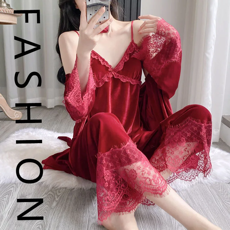 Golden velvet pajamas women's spring and autumn new long-sleeved sexy lace pure desire wind with chest pad loungewear three-piec
Golden velvet pajamas women's spring and autumn new long-sleeved sexy lace pure desire wind with chest pad loungewear three-piec