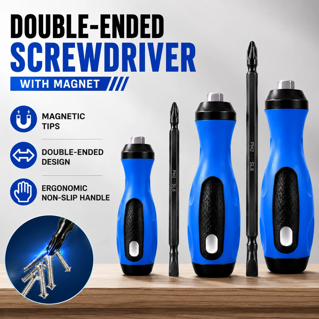 Double-Ended Screwdriver with Strong Magnetic Tips Multi-functional Ergonomic Non-slip Handle Manual Repair Tool
Double-Ended Screwdriver with Strong Magnetic Tips Multi-functional Ergonomic Non-slip Handle Manual Repair Tool