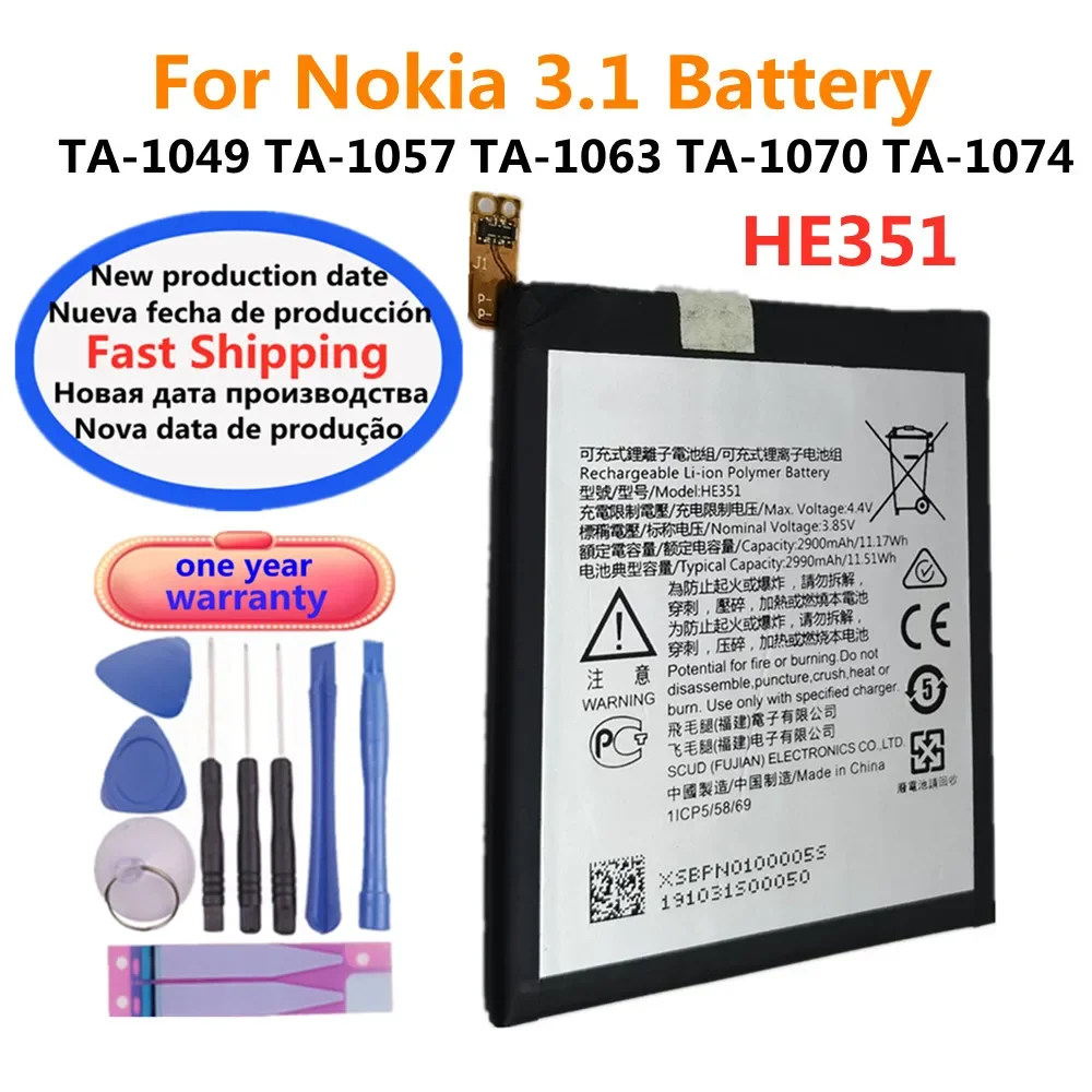 2990mAh HE351 Orginal Battery For Nokia 3.1 TA-1049 TA-1057 TA-1063 TA-1070 TA-1074 Mobile Phone Bateria Batteries Fast Deliver
2990mAh HE351 Orginal Battery For Nokia 3.1 TA-1049 TA-1057 TA-1063 TA-1070 TA-1074 Mobile Phone Bateria Batteries Fast Deliver