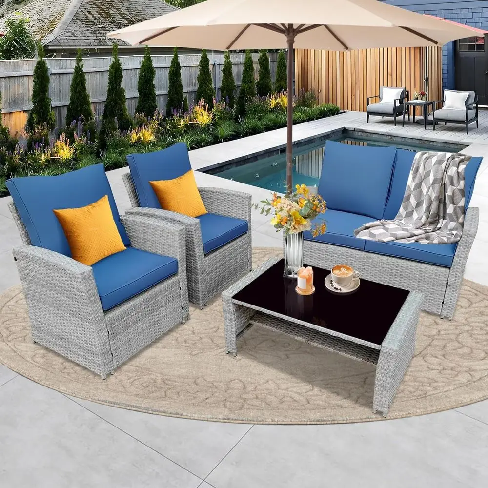 Серый комплект садовой мебели из 4 предметов: секционный диван из ротанга с толстыми подушками и кофейным столиком
Серый комплект садовой мебели из 4 предметов: секционный диван из ротанга с толстыми подушками и кофейным столиком