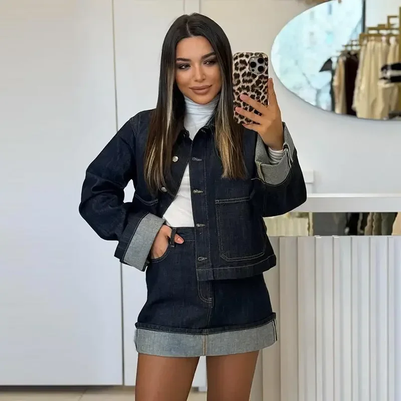 Trendy Denim Jacket Mini Skirts Set Women Lapel Single Breasted Long Sleeve Coat Slim Short Skirt Spring Elegant Lady Outfit
Trendy Denim Jacket Mini Skirts Set Women Lapel Single Breasted Long Sleeve Coat Slim Short Skirt Spring Elegant Lady Outfit