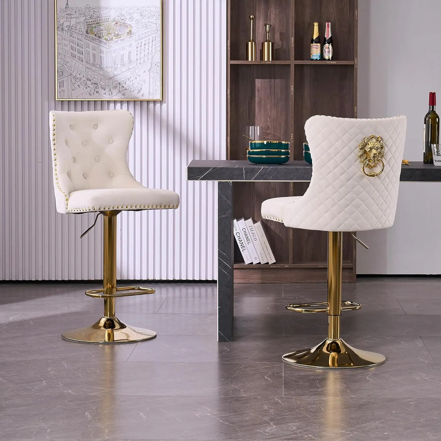 Bar Stools Set 2 Velvet Swivel Kitchen Counter Chairs with Tufted High Back Modern Upholstered Gold Barstools wih Lion Pull Ring
Bar Stools Set 2 Velvet Swivel Kitchen Counter Chairs with Tufted High Back Modern Upholstered Gold Barstools wih Lion Pull Ring
