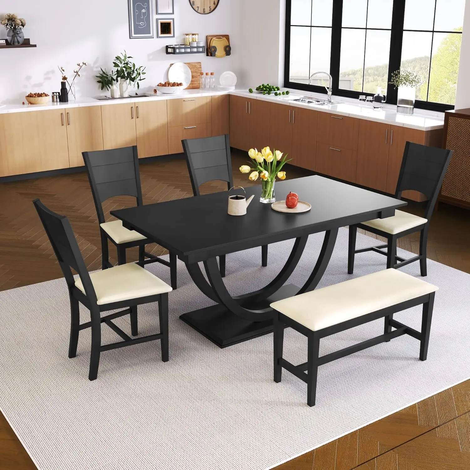 6 Piece Dining Table Set with Bench, Farmhouse Kitchen Table Set with 4 Upholstered Chairs and Bench, Solid Wood Dining
6 Piece Dining Table Set with Bench, Farmhouse Kitchen Table Set with 4 Upholstered Chairs and Bench, Solid Wood Dining