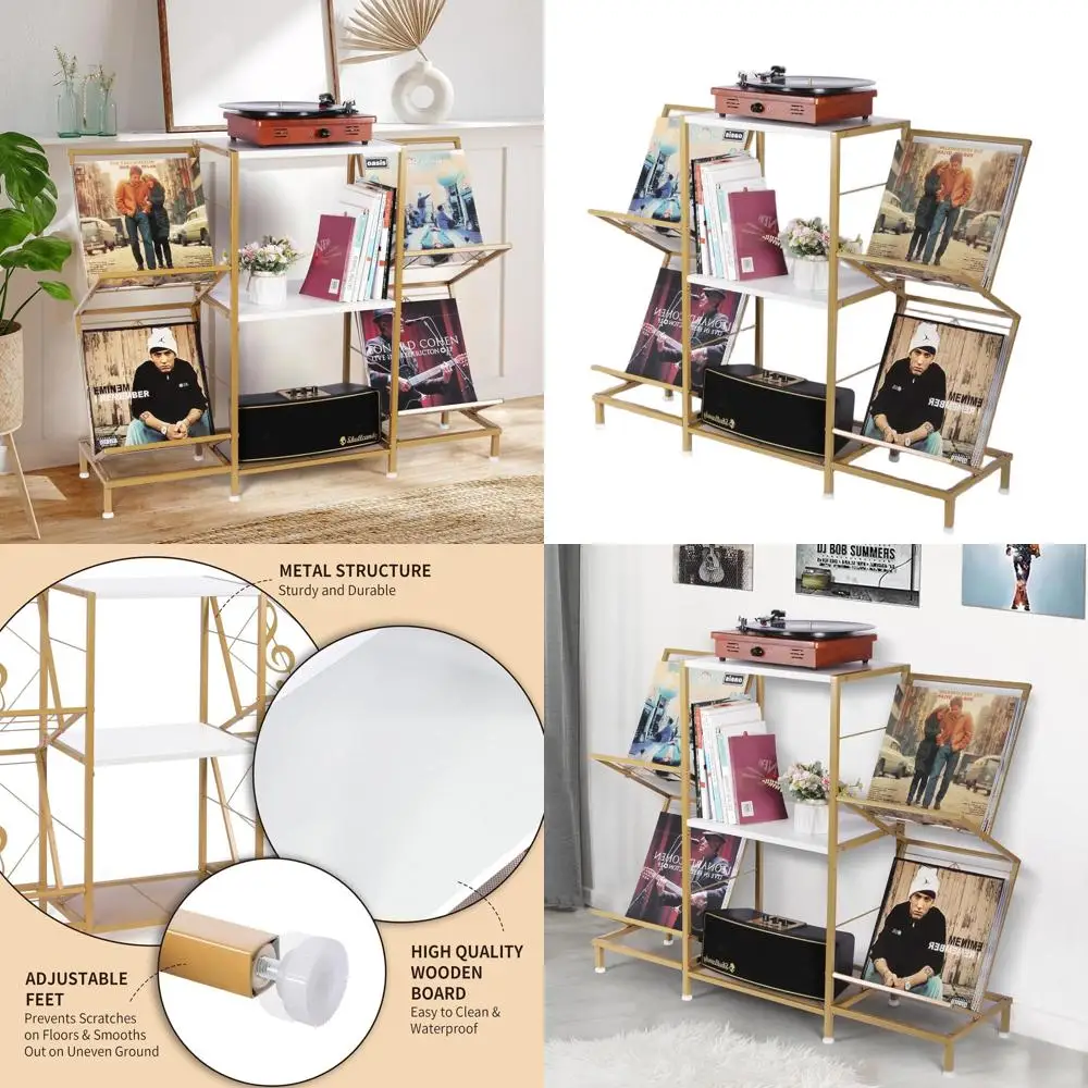 Vinyl Record Storage Stand with 4-Tier Display, Turntable Holder, Living Room Decor, Gold & White
Vinyl Record Storage Stand with 4-Tier Display, Turntable Holder, Living Room Decor, Gold & White
