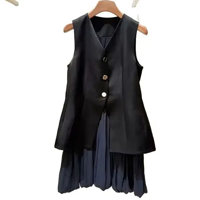 Spring/Summer Women Sleeveless V-Neck False Two-piece Button Pleated Splicing Solid Mini Dress A-Line Slim Casual Elegant Skirt
Spring/Summer Women Sleeveless V-Neck False Two-piece Button Pleated Splicing Solid Mini Dress A-Line Slim Casual Elegant Skirt