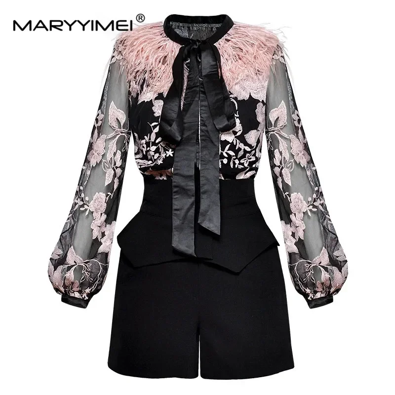 MARYYIMEI Spring Women Suit Bow collar Feather lantern Sleeve Mesh See through Embroidery Vintage Blouse+Shorts Two-piece suit
MARYYIMEI Spring Women Suit Bow collar Feather lantern Sleeve Mesh See through Embroidery Vintage Blouse+Shorts Two-piece suit