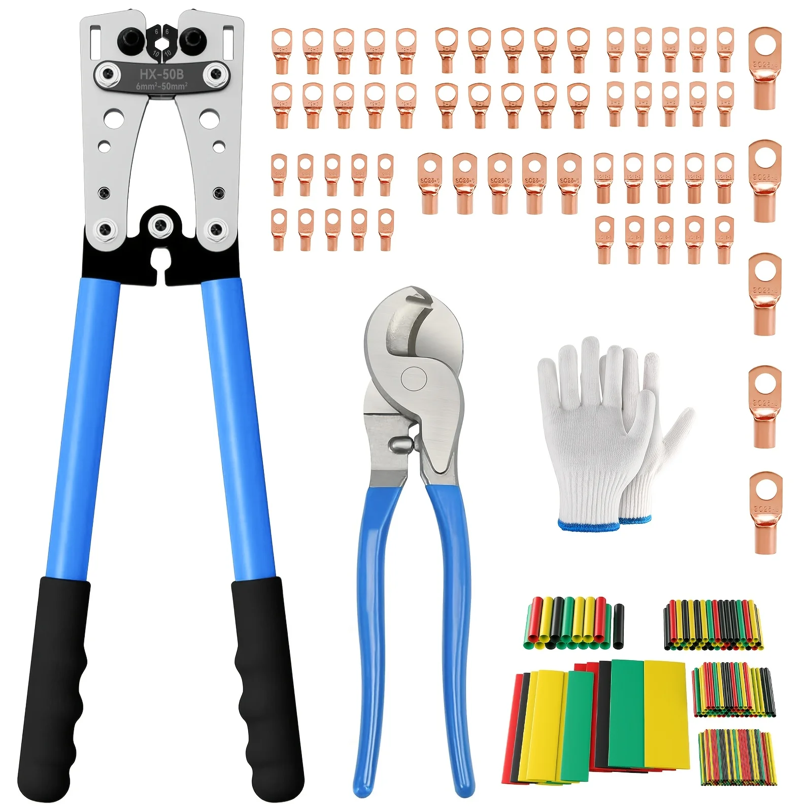 Durable Heavy-Duty Battery Cable Lug Crimping Tool Set Suitable For AWG 8 - 1/0, Equipped With A Crimping Plier, Small Cable Cutter, 60pcs Copper Wire Lugs, 164pcs Heat Shrink Tubing, And Work Gloves
Durable Heavy-Duty Battery Cable Lug Crimping Tool Set Suitable For AWG 8 - 1/0, Equipped With A Crimping Plier, Small Cable Cutter, 60pcs Copper Wire Lugs, 164pcs Heat Shrink Tubing, And Work Gloves