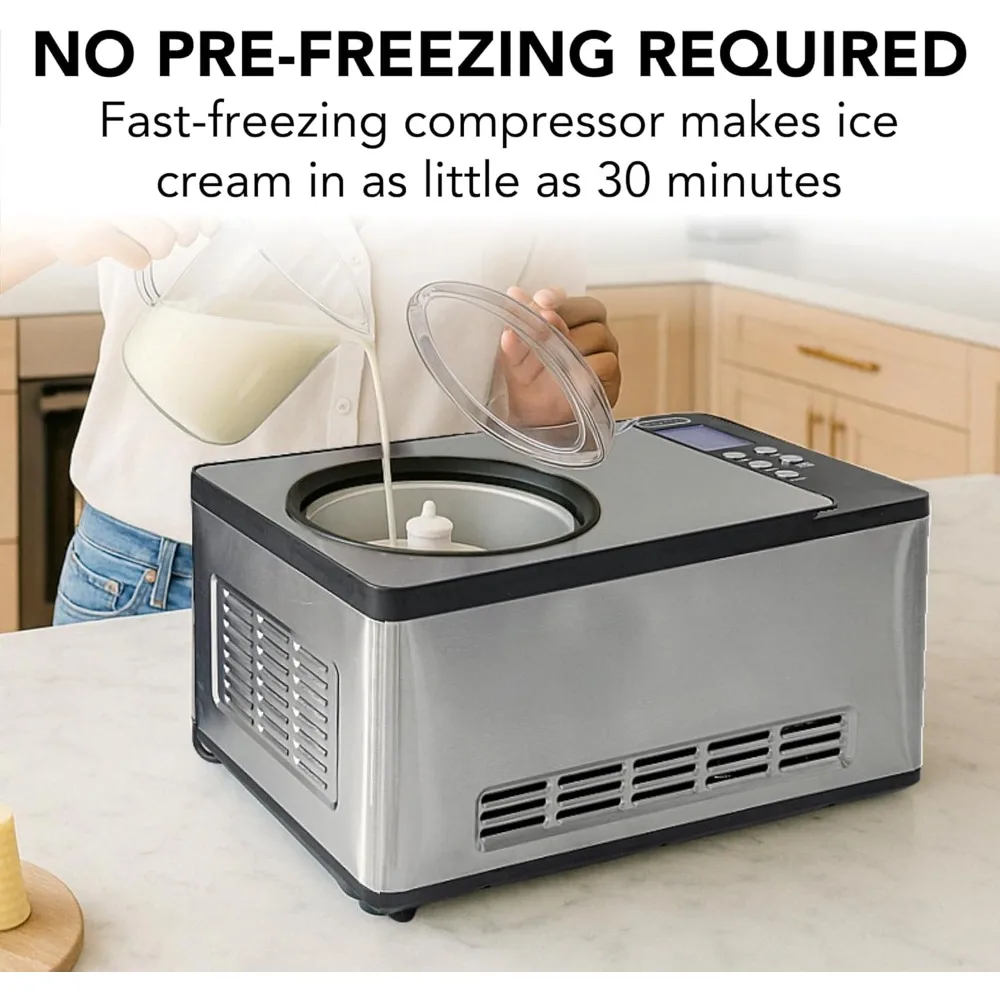 Ice Cream Maker Machine Automatic 2.1 Qt. with Built-In Compressor, LCD Digital Display & Timer, No Pre-Freezing, ICM-200LS
Ice Cream Maker Machine Automatic 2.1 Qt. with Built-In Compressor, LCD Digital Display & Timer, No Pre-Freezing, ICM-200LS