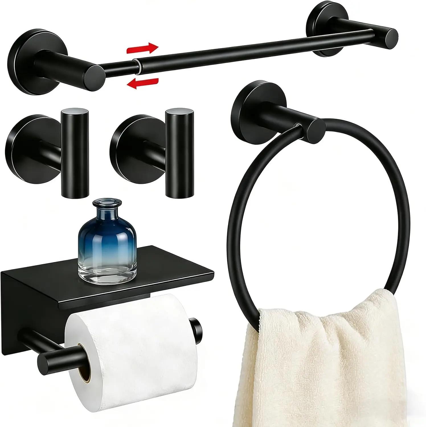 5-Piece Adjustable Towel Bar Set 16.5-25.7 Inch, Matte Black Stainless Steel Bathroom Hardware with Toilet Paper Holder, Wall
5-Piece Adjustable Towel Bar Set 16.5-25.7 Inch, Matte Black Stainless Steel Bathroom Hardware with Toilet Paper Holder, Wall