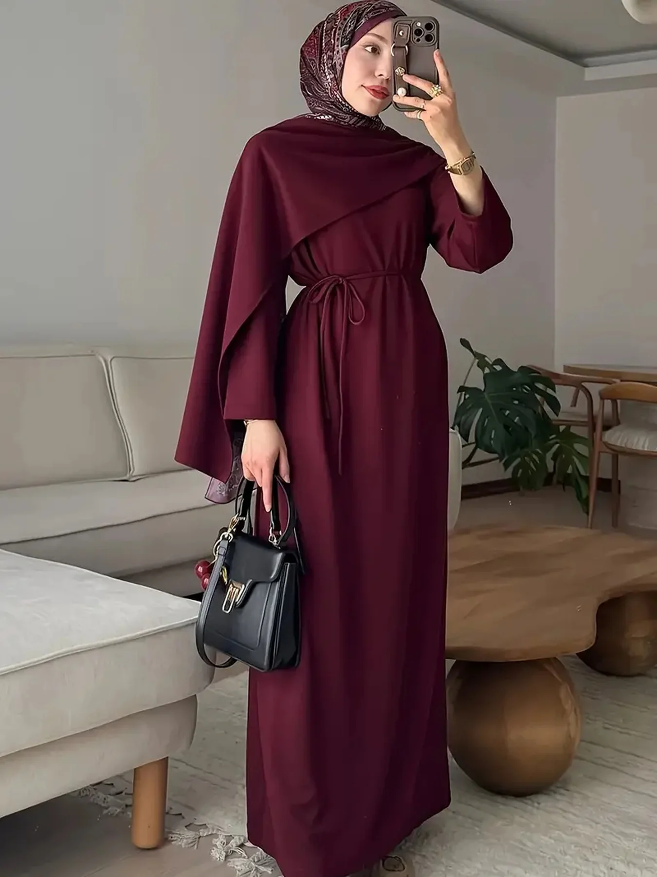 Women's casual elegant Muslim style solid color long sleeved lace up long dress long skirt
Women's casual elegant Muslim style solid color long sleeved lace up long dress long skirt