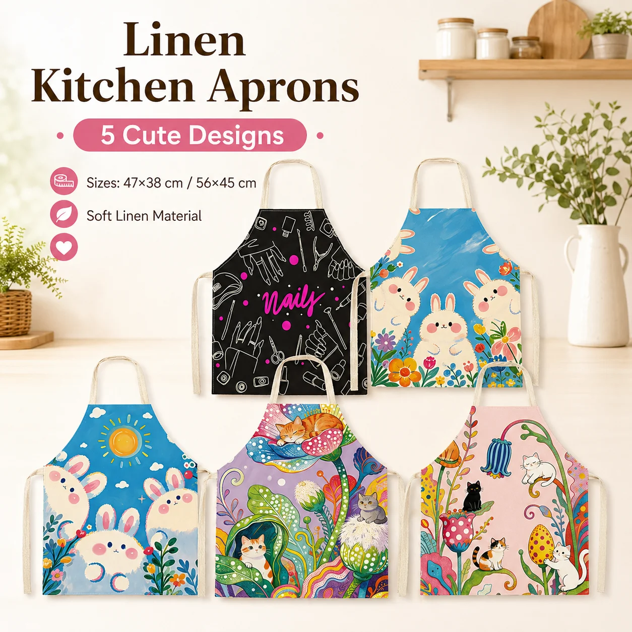 Cute Bunny Cat Linen Kitchen Apron 2D Flat Print Floral Cooking Baking Pinafore for Women Home Cleaning Gardening 56x45
Cute Bunny Cat Linen Kitchen Apron 2D Flat Print Floral Cooking Baking Pinafore for Women Home Cleaning Gardening 56x45
