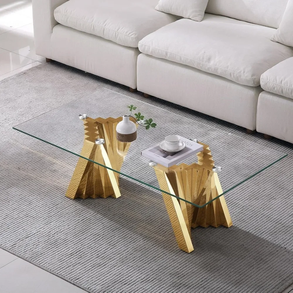1 Piece Living Room Coffee Table Luxury Glass Center Table, Modern Gold Coffee Table with Lightning-Shape Stainless Steel 
1 Piece Living Room Coffee Table Luxury Glass Center Table, Modern Gold Coffee Table with Lightning-Shape Stainless Steel
