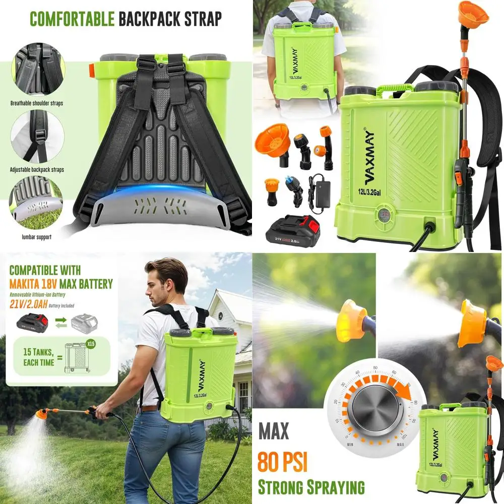 Электрический ранцевый опрыскиватель на 3,2 галлона, 80 PSI, для распыления на газонах и отравления сорняков, с насадкой-штангой, 5 насадок, аккумулятор 2,0 Ач в комплекте
Электрический ранцевый опрыскиватель на 3,2 галлона, 80 PSI, для распыления на газонах и отравления сорняков, с насадкой-штангой, 5 насадок, аккумулятор 2,0 Ач в комплекте