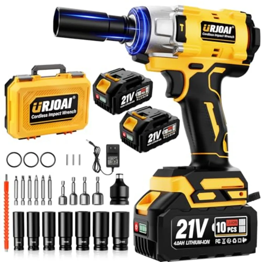 Cordless Impact Wrench - 590Ft-lbs 800N.m Brushless 1/2 inch 3300RPM High Torque Impact Gun with 2x 4.0Ah Batteries Charger and
Cordless Impact Wrench - 590Ft-lbs 800N.m Brushless 1/2 inch 3300RPM High Torque Impact Gun with 2x 4.0Ah Batteries Charger and