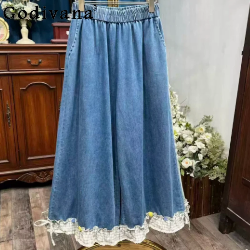 Summer Women New Loose Leisure Denim Wide-leg Pants Fashion Versatile Age-reducing Plaid Splicing Elastic Waist Sweet Trousers
Summer Women New Loose Leisure Denim Wide-leg Pants Fashion Versatile Age-reducing Plaid Splicing Elastic Waist Sweet Trousers