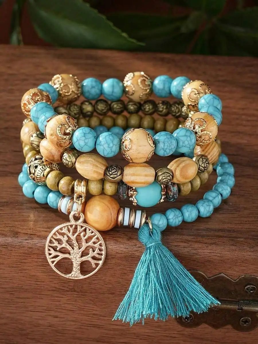 4pcs Boho Style Wooden Beaded Wrap Bracelet With Tassel And Tree Of Life Charm
4pcs Boho Style Wooden Beaded Wrap Bracelet With Tassel And Tree Of Life Charm