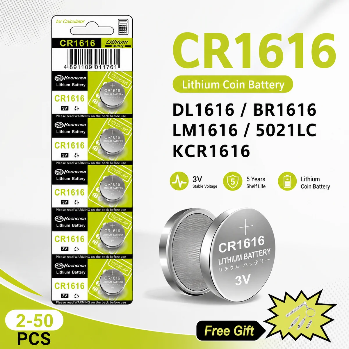 Lithium Coin Cell Battery CR1616 3V 50mAh Button Cell, DL1616 BR1616 5021LC LM1616 Replacement For Watch Car Remote Control
Lithium Coin Cell Battery CR1616 3V 50mAh Button Cell, DL1616 BR1616 5021LC LM1616 Replacement For Watch Car Remote Control