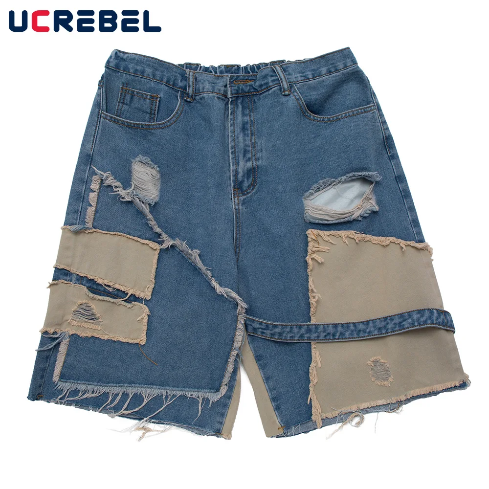 Patchwork Ripped Denim Shorts Mens Summer Elastic Waist Knee-length Shorts Streetwear Contrast Paneled Loose Half Pants Men
Patchwork Ripped Denim Shorts Mens Summer Elastic Waist Knee-length Shorts Streetwear Contrast Paneled Loose Half Pants Men