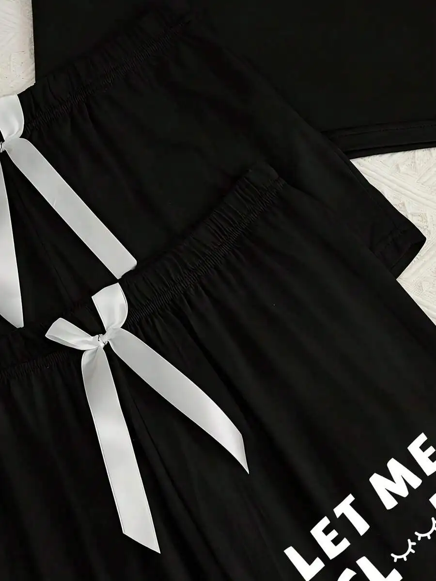 3pcs Womens Black Letter Print Pajama Set With Satin Ribbon Bow
3pcs Womens Black Letter Print Pajama Set With Satin Ribbon Bow