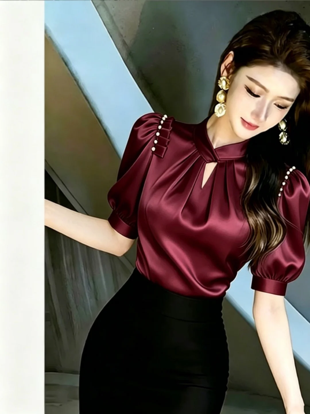 Elegant Short Sleeve Shirt Women's Style French Style Pearl Decorated Slim Fit Bubble Sleeve Stand Collar Pure Color Casual S...
Elegant Short Sleeve Shirt Women's Style French Style Pearl Decorated Slim Fit Bubble Sleeve Stand Collar Pure Color Casual S...