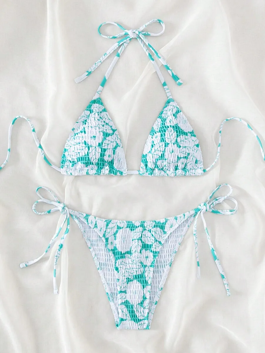 Smocked Halter Triangle Bikini Set With Floral Print
Smocked Halter Triangle Bikini Set With Floral Print
