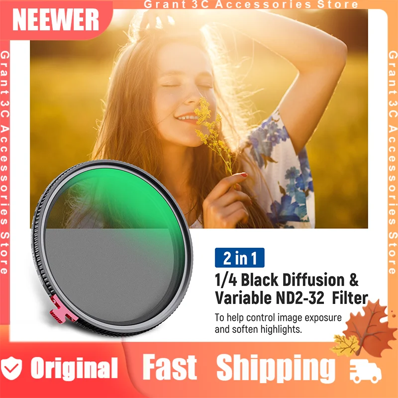 NEEWER True Color Variable ND Filter Custom HD Adjustable ND2-32 & Black Diffusion 1/4 Effect 2-in-1 Neutral Density Filter
NEEWER True Color Variable ND Filter Custom HD Adjustable ND2-32 & Black Diffusion 1/4 Effect 2-in-1 Neutral Density Filter 