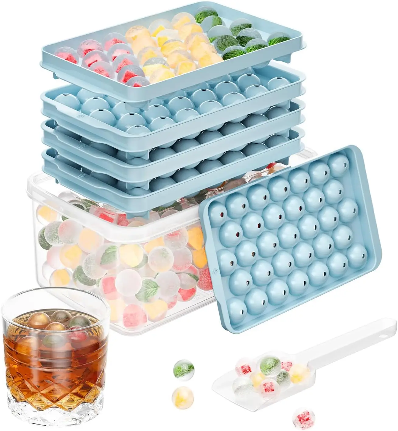 99 Pcs Ice Cube Tray with Lid and Bin, Round Ice Mold for Freezer, 0.8 Inch, Blue
99 Pcs Ice Cube Tray with Lid and Bin, Round Ice Mold for Freezer, 0.8 Inch, Blue