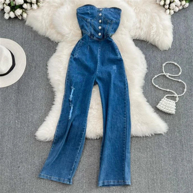 backless tube top jumpsuit summer new high waist pencil pants denim jumpsuit women
backless tube top jumpsuit summer new high waist pencil pants denim jumpsuit women