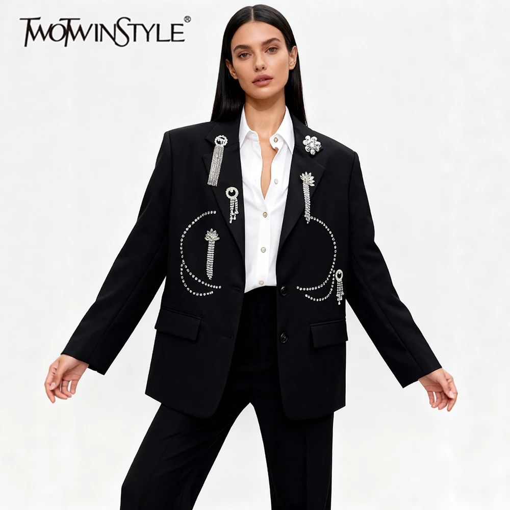 TWOTWINSTYLE Loose Spliced Bead Fashion Blazers for Women Lapel Long Sleeves Patchwork Tassels Casual Blazer Female Clothing New
TWOTWINSTYLE Loose Spliced Bead Fashion Blazers for Women Lapel Long Sleeves Patchwork Tassels Casual Blazer Female Clothing New