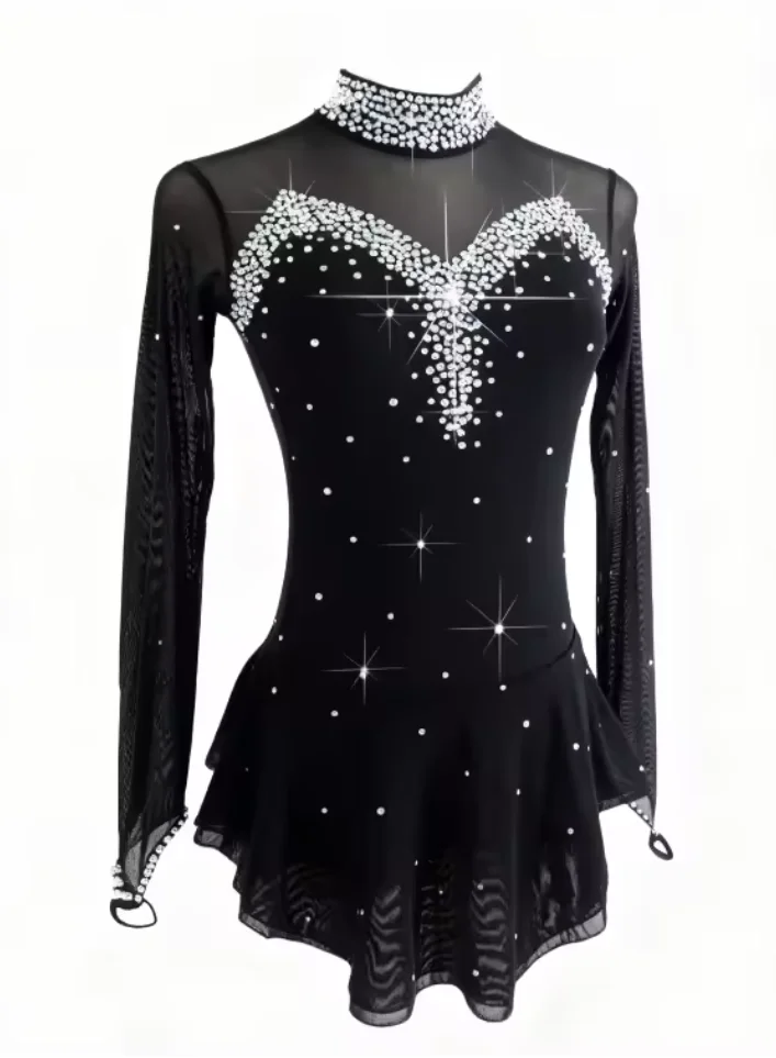 Elegant Black Figure Skating Dress with Sparkling Rhinestones Long Mesh Sleeves High Neck Professional Ice Skating Performance
Elegant Black Figure Skating Dress with Sparkling Rhinestones Long Mesh Sleeves High Neck Professional Ice Skating Performance