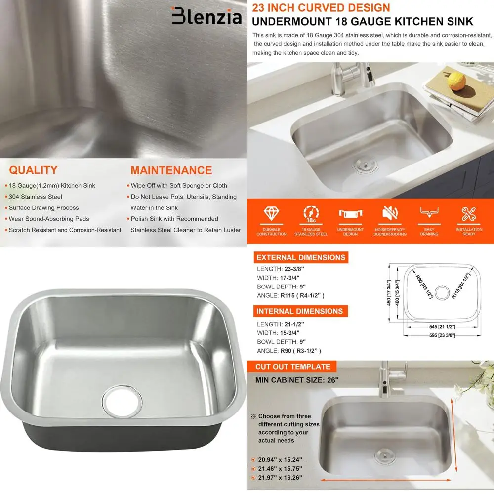 23 Undermount Single Bowl Kitchen Sink, 304 Stainless Steel, 18 Gauge, Brushed Nickel, Curved Design
23 Undermount Single Bowl Kitchen Sink, 304 Stainless Steel, 18 Gauge, Brushed Nickel, Curved Design