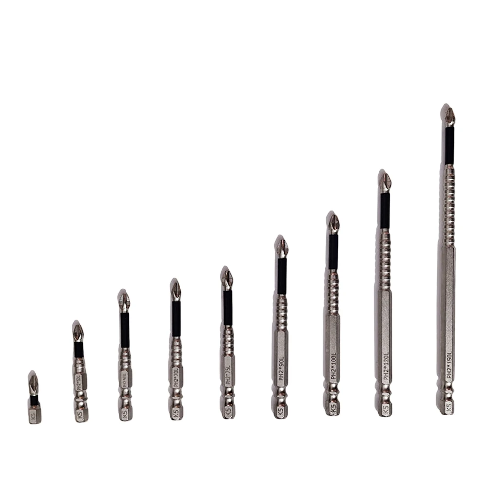 9PCS 25-150mm Screwdriver Bit Alloy Steel Cross Magnetic Screwdriver Bit Anti-Slip Long Drill Bit PH2 For K5 Double-slot Design
9PCS 25-150mm Screwdriver Bit Alloy Steel Cross Magnetic Screwdriver Bit Anti-Slip Long Drill Bit PH2 For K5 Double-slot Design