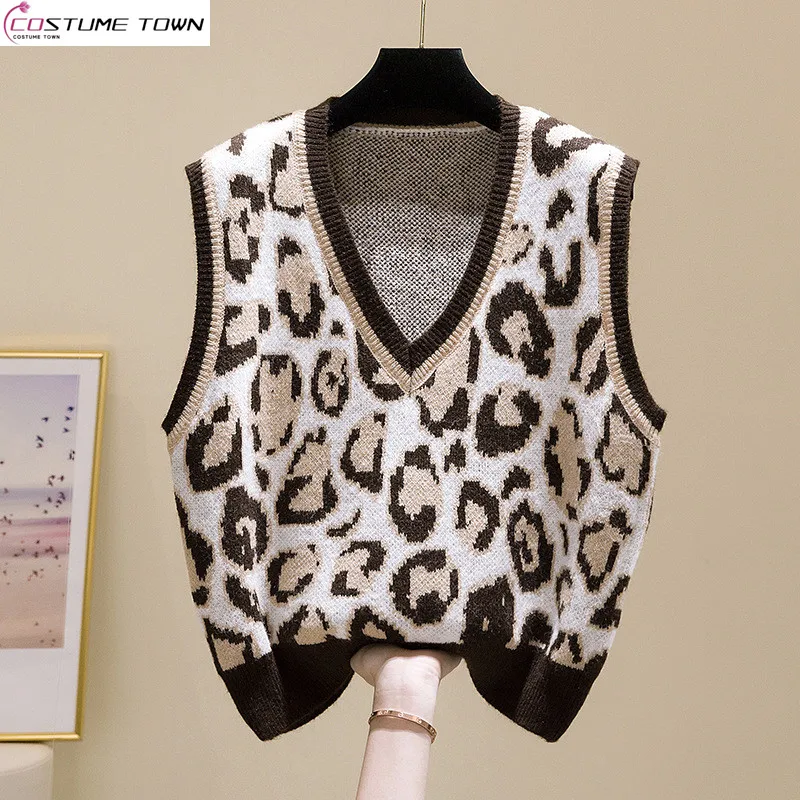 Leopard knit pullover vest autumn Korean version new loose V-neck sweater vest
Leopard knit pullover vest autumn Korean version new loose V-neck sweater vest