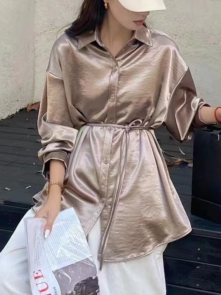 Korean Spring Autumn Lace-Up Satin Shirts Women 2024 New Turn-Down Collar Long Sleeve Blouse Female Single-Breasted Blouse Shirt
Korean Spring Autumn Lace-Up Satin Shirts Women 2024 New Turn-Down Collar Long Sleeve Blouse Female Single-Breasted Blouse Shirt
