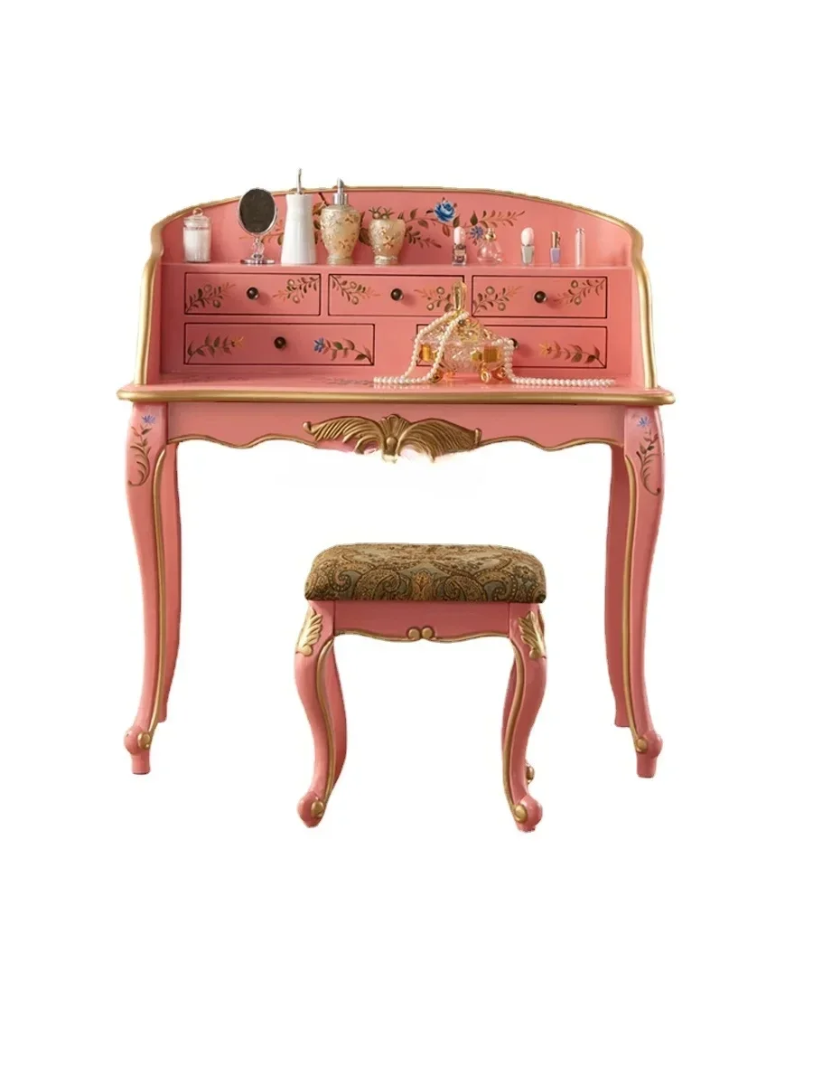 Princess Bedroom American Style Painted Dressing Table Pink European Home Makeup Desk with Stool Pastoral Design
Princess Bedroom American Style Painted Dressing Table Pink European Home Makeup Desk with Stool Pastoral Design