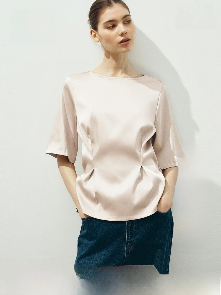 Summer New Women's Waist-Cinching Top H&M Casual Style Zipper Closure Polyester Rayon Spandex round Neck Short Sleeve Shirt
Summer New Women's Waist-Cinching Top H&M Casual Style Zipper Closure Polyester Rayon Spandex round Neck Short Sleeve Shirt