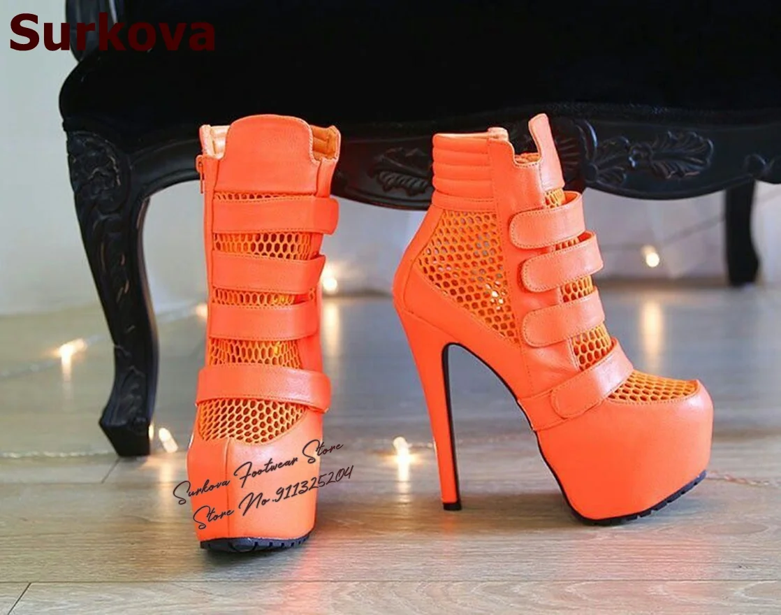 Surkova Orange Fluorescent Green Air Mesh Ankle Boots Stiletto Heels Platform Caged Booties Hollow Out Patchwork Band Shoes
Surkova Orange Fluorescent Green Air Mesh Ankle Boots Stiletto Heels Platform Caged Booties Hollow Out Patchwork Band Shoes