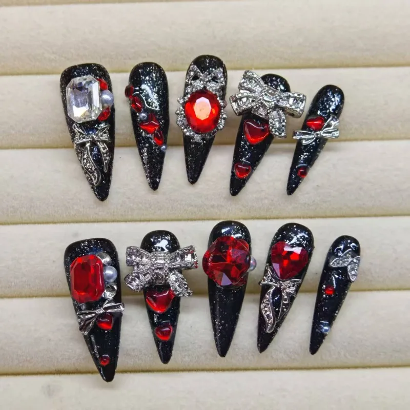 10 Pieces Baroque Dark Gothic Handmade Press On Nails Glittery Red Diamonds Metal Bow Fake Nails Removable Reusable
10 Pieces Baroque Dark Gothic Handmade Press On Nails Glittery Red Diamonds Metal Bow Fake Nails Removable Reusable